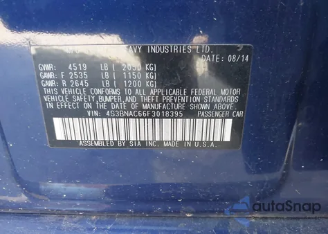 2015 Subaru Legacy 2.5I Premium from USA, damaged, VIN 4S3BNAC66F3018395